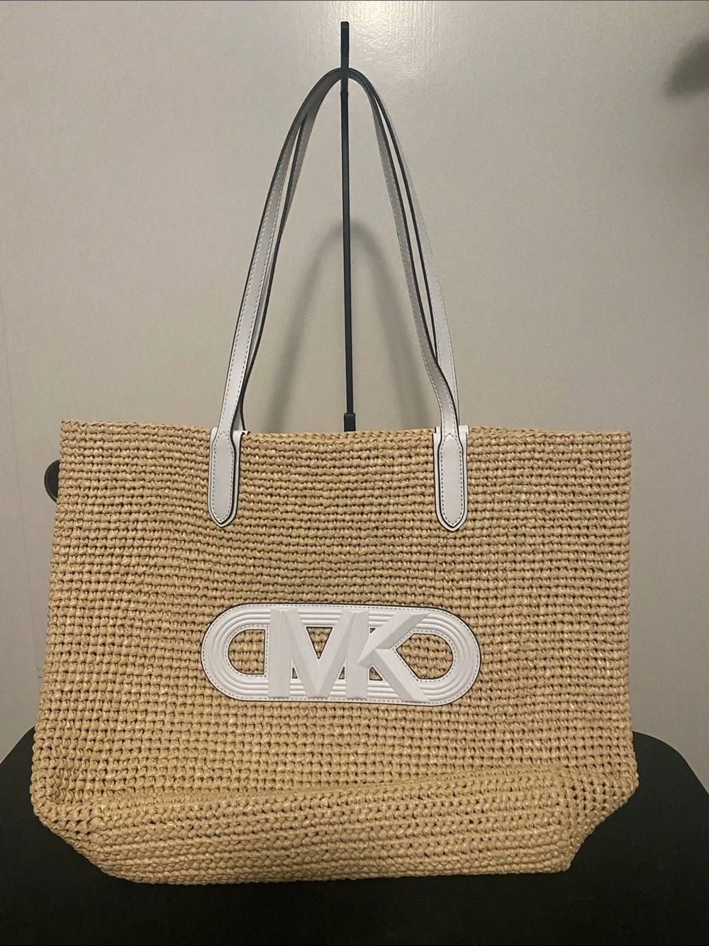Michael Kors Natural Straw Tote with White Trim and MK Logo
